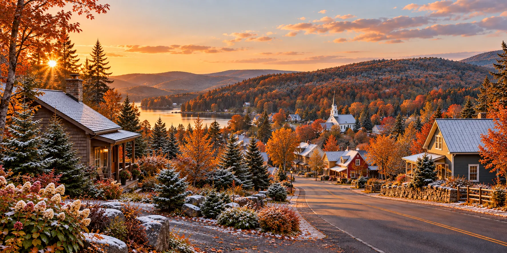 Illustration inspirée de Morin-Heights, dans les Laurentides, sous une légère neige à l’heure dorée