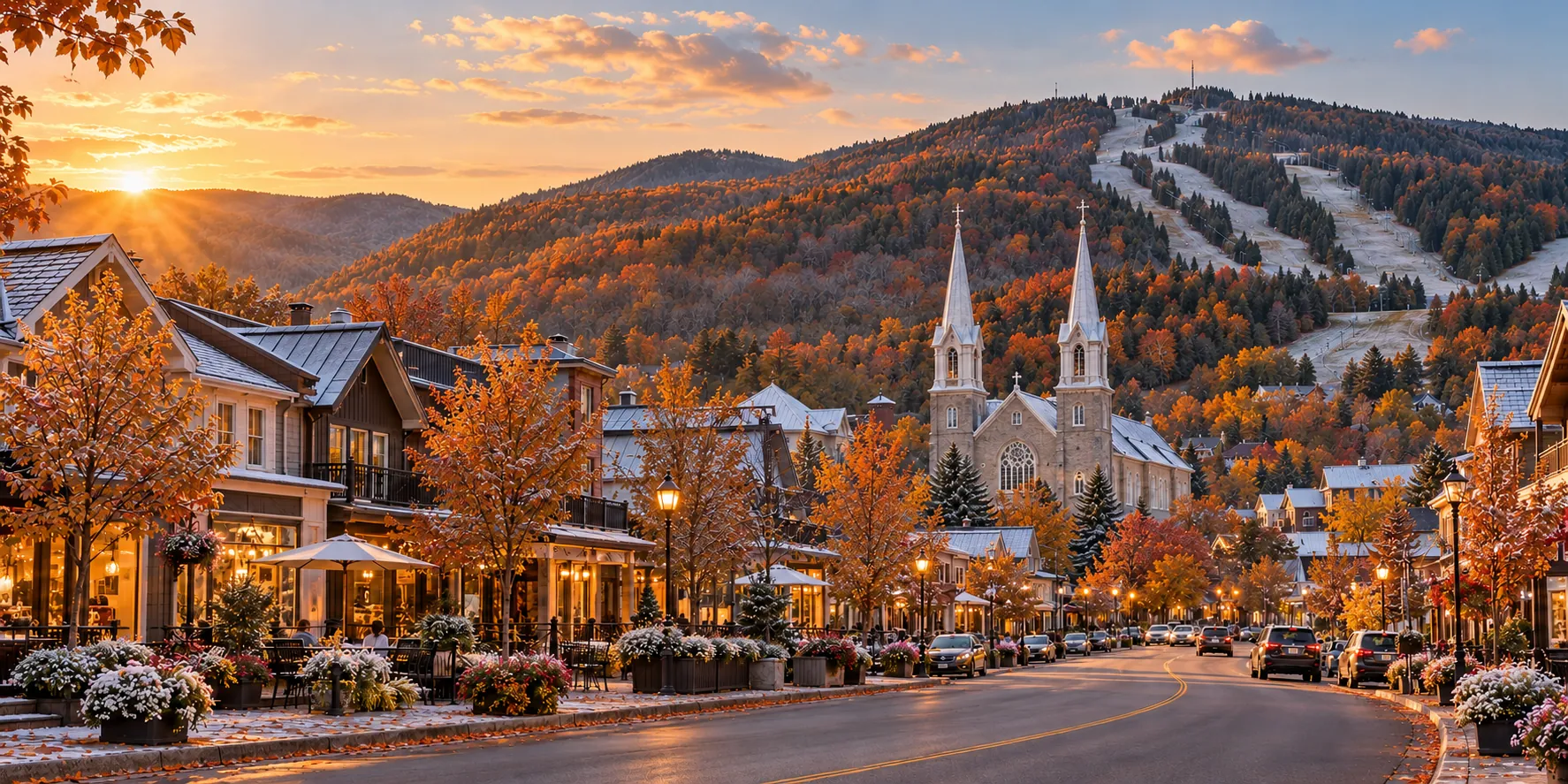 Illustration inspirée de Saint-Sauveur, dans les Laurentides, sous une légère neige à l’heure dorée